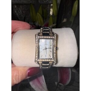 Anne Klein Womens Rectangular Mother of Pearl Dial Crystal Watch Silver Tone